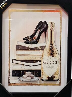 Crystal Luxe Gucci Champagne Bottle Print with Fashion Stack Framed Wall Decor